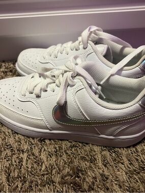Nike White Sneakers with Iridescent Swoosh Accent